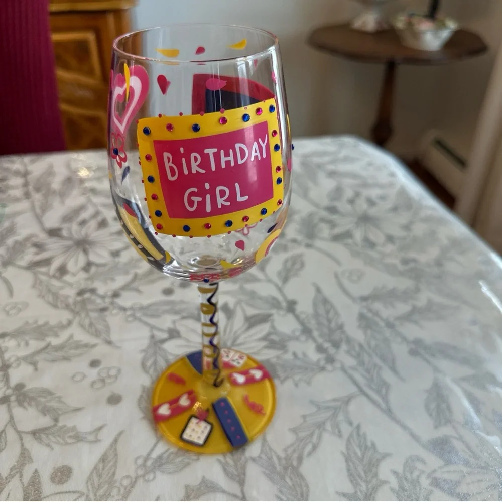 Lolita Hand painted Happy Birthday Girl wine glass, new excellent condition